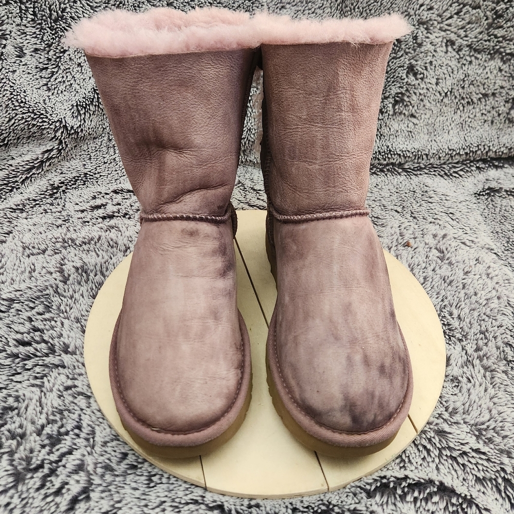 UGG Bailey Bow II Purple/Shadow Leather Sheepskin Boots Women's Size 7 - Picture 3 of 9